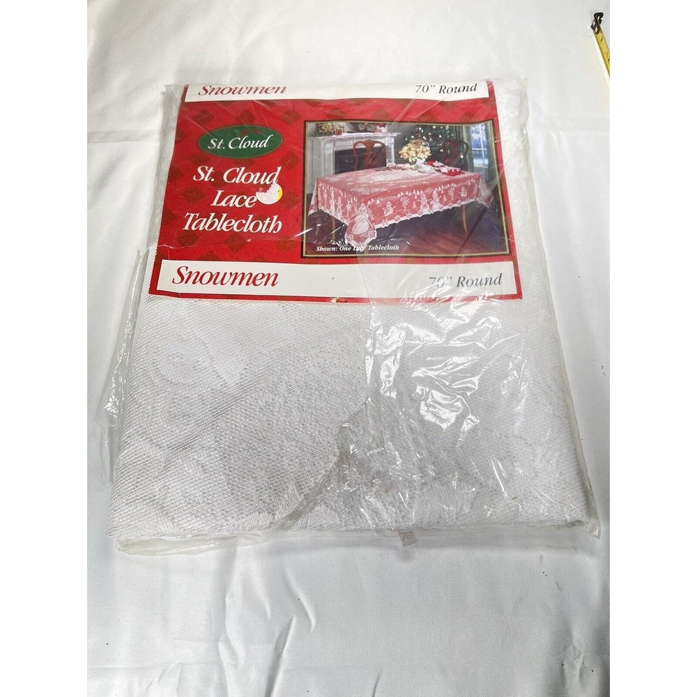 VINTAGE ST. CLOUD HOLIDAY 70" ROUND LACE TABLECLOTH SNOWMAN NEW MADE IN USA